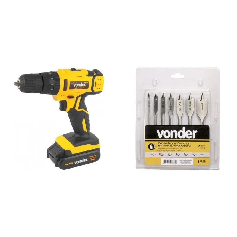 Kit Ferramentas MadeiraMadeira com Parafusadeira/Furadeira 18V Bivolt e Jogo de Brocas Chatas 1/4' a 1' 390095 Amarelo