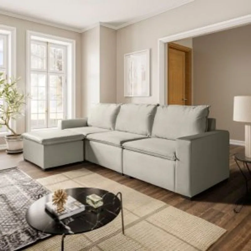 Sofá Modular Ibi 5 Lugares 295cm Com Puff Em Veludo Cabecasa Madeiramadeira Bege