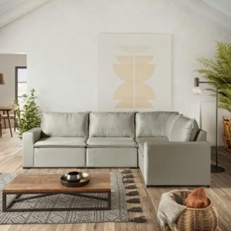 Sofá De Canto Modular Ibi 4 Lugares 280x195cm Em Veludo Cabecasa Madeiramadeira Bege