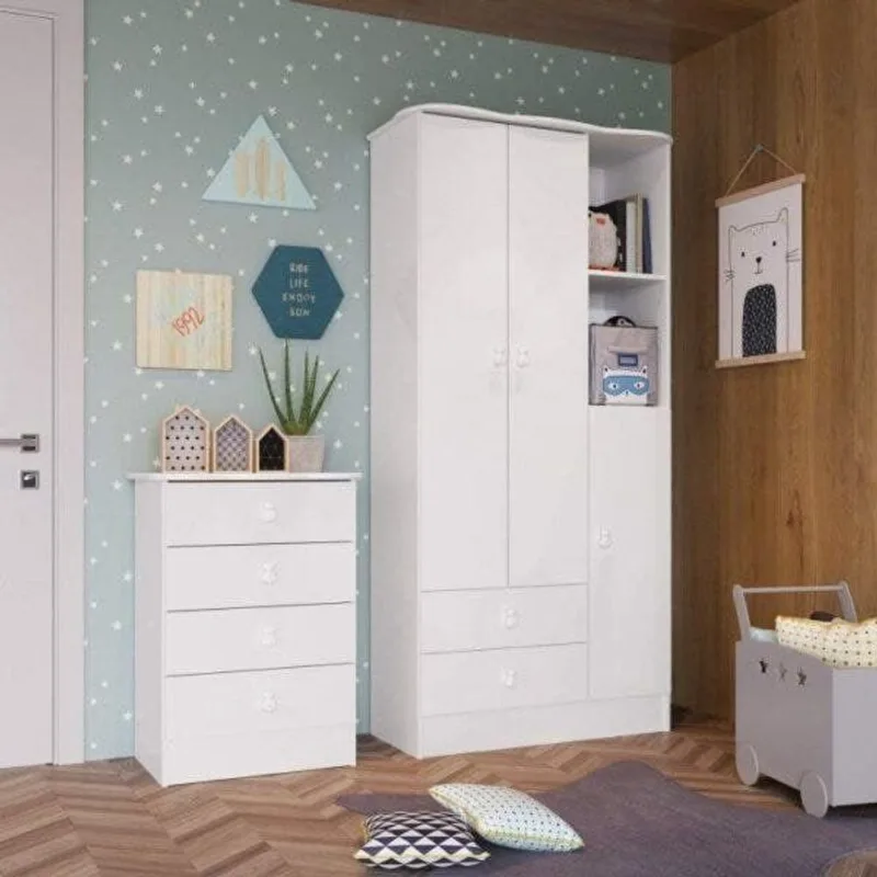 Quarto de Bebê com Guarda-Roupa e Cômoda de Bebê Arco-Íris Branco Branco