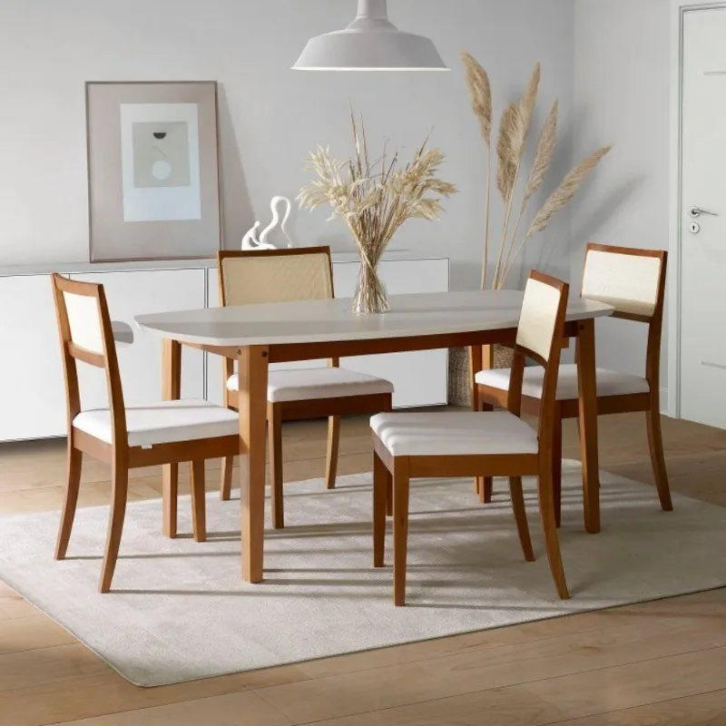 Conjunto Mesa Extensível Oval 4 Cadeiras Madeira Maciça Encosto Telado Tiê CabeCasa MadeiraOrigin Amêndoa/Off White