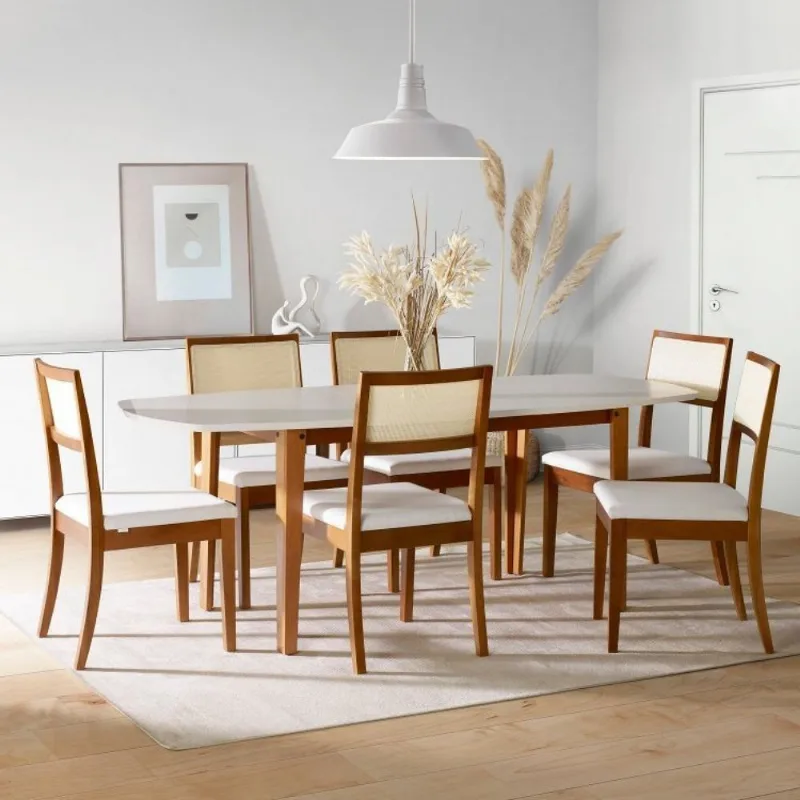 Conjunto Mesa Extensível Oval 6 Cadeiras Madeira Maciça Encosto Telado Tiê CabeCasa MadeiraOrigin Amêndoa/Off White
