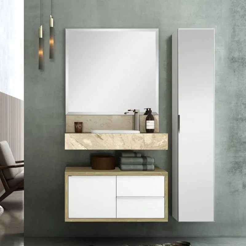 Conjunto Banheiro Com Espelho Bancada Em Porcelanato Com Cuba E Armário Vertical 80cm Pró Bumi
