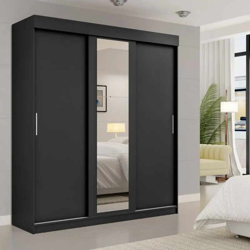 Guarda Roupa Casal com Espelho 3 Portas de Correr 3 Gavetas Marvin Yescasa Preto