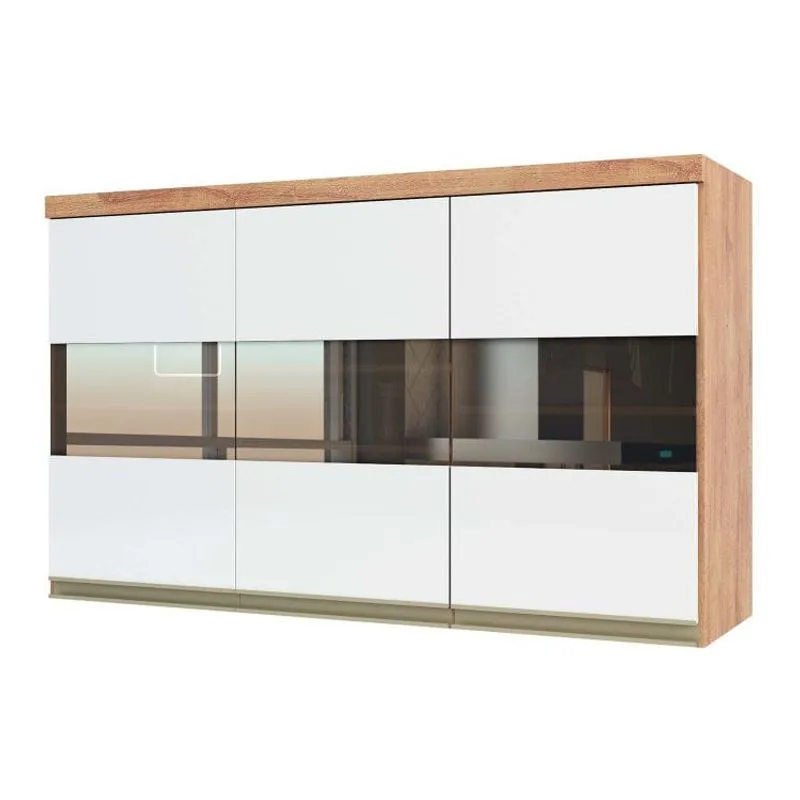 Armário de Cozinha Aéreo 120cm 3 Portas Vidro Reflecta 100% MDF Chardonnay Espresso Móveis Castanho com Branco