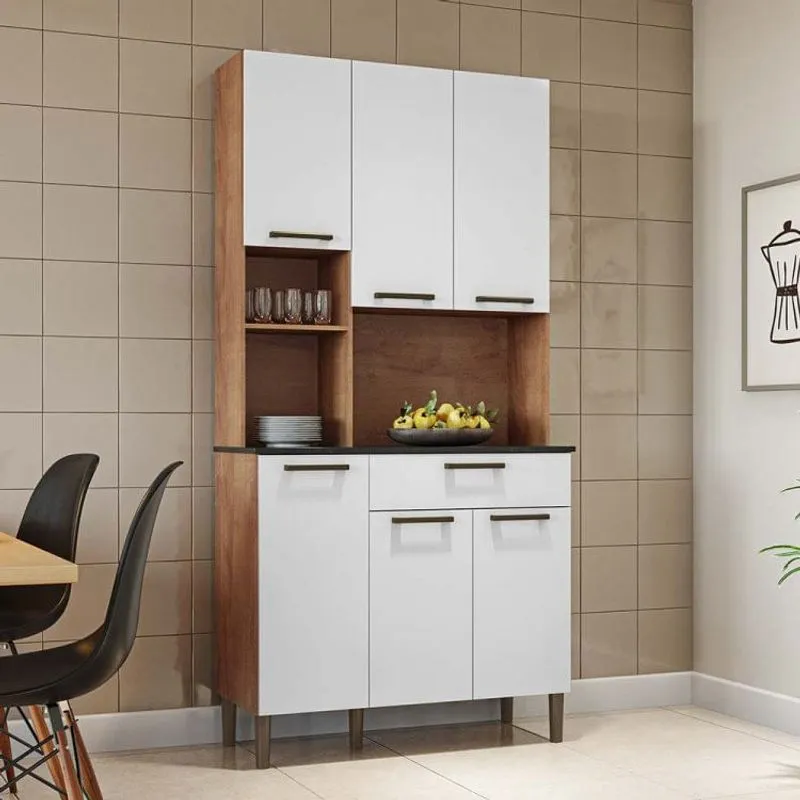 Armário de Cozinha 6 Portas 1 Gaveta 100% MDF com Nicho Microondas Tannat Gold Espresso Móveis Castanho com Branco
