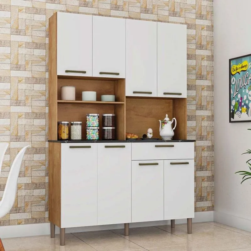 Armário de Cozinha 8 Portas 1 Gaveta 100% MDF Nicho Microondas Tannat Gold Espresso Móveis Castanho com Branco