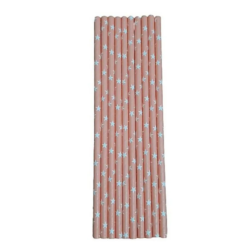 Kit 100 Canudos De Papel Biodegravél Rosa Salmão E Estrelas