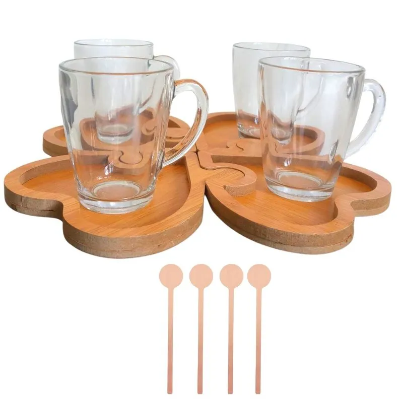 Jogo 12 Peças Petisqueira/Pires Bambu + Canecas Vidro 230ml