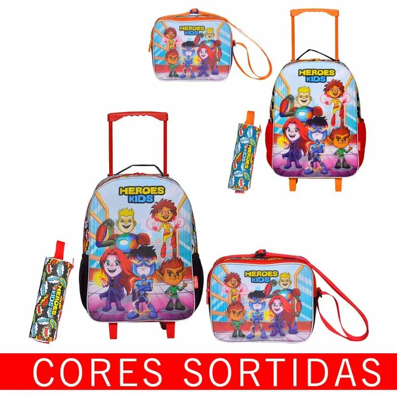 Kit Mochila de Rodinhas com Lancheira e Estojo Heroes Kids 3825 Rocie - UN