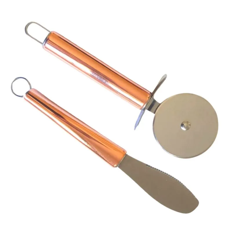 Cortador de Pizza e Espátula para Patês Kit Utensílios de Cozinha Rose Gold Aço Inox Saldão