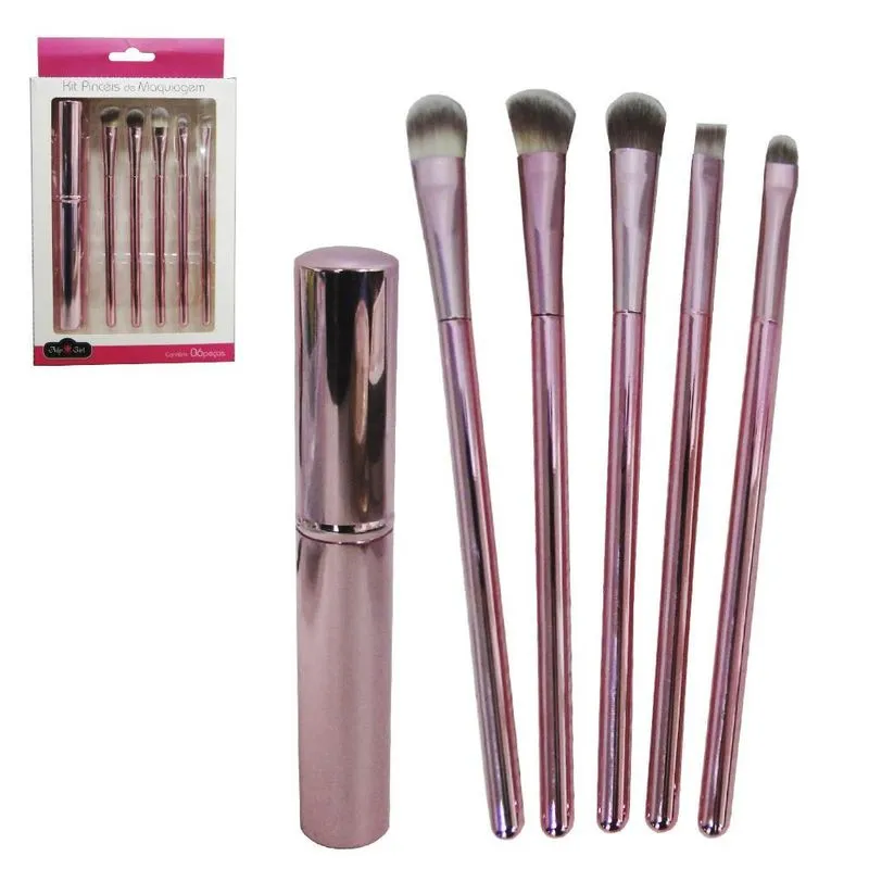 Pincel Para Make / Maquiagem + Acessório Cabo Rosa 6 Peças