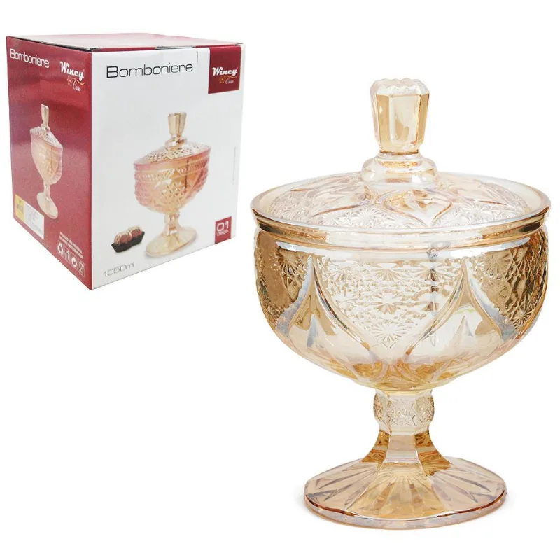 Bomboniere De Vidro Relevo Dourado Com Pé E Tampa Wincy 1050ml