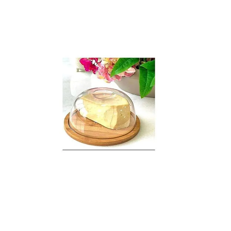 Porta Bolo, Queijo, Pães C/Tampa Acrílica Base Bambu -Wincy