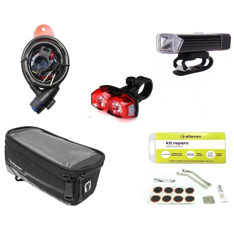 Kit Bike Ciclista Farol De Led Trava Bolsa Pisca Kit Reparo