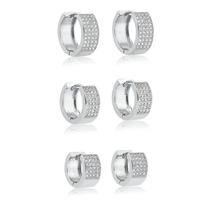 Trio de brincos argola com microzircônias folheado prata