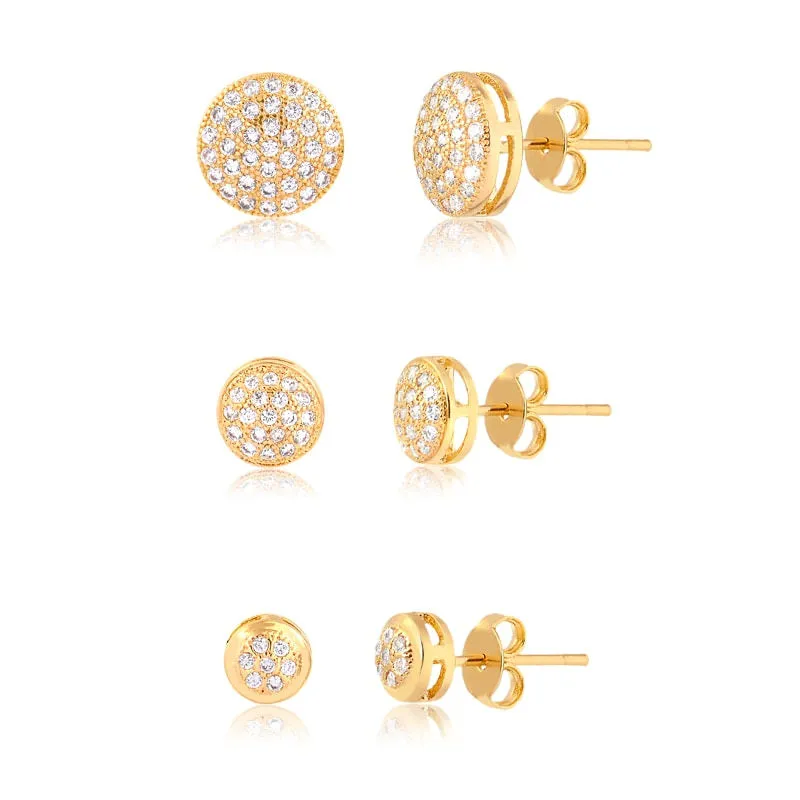 Trio de brincos redondo microzircônias folheado a ouro 18k