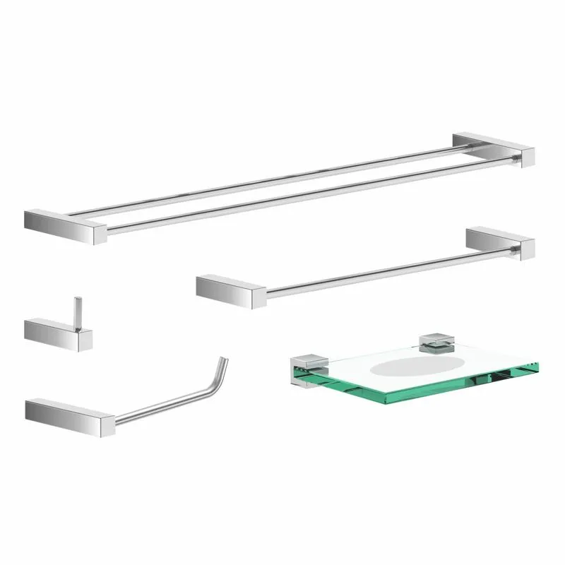 Kit De Acessórios Para Banheiro Duplo Vidro Jateado Grego Metal 5 Peças Alto Brilho