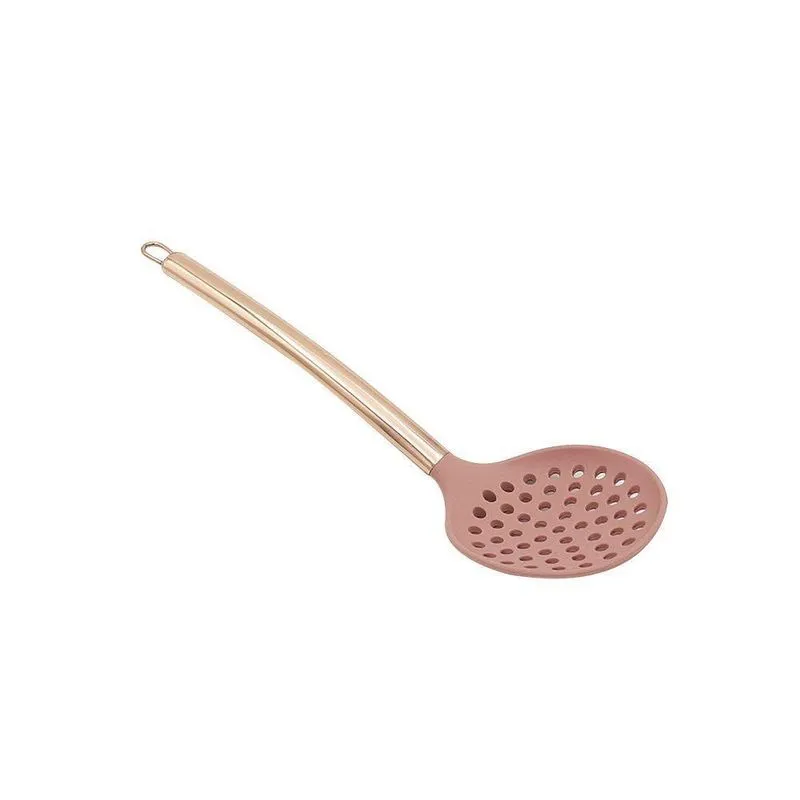 Escumadeira De Silicone Com Furos E Cabo Em Inox Rose Gold