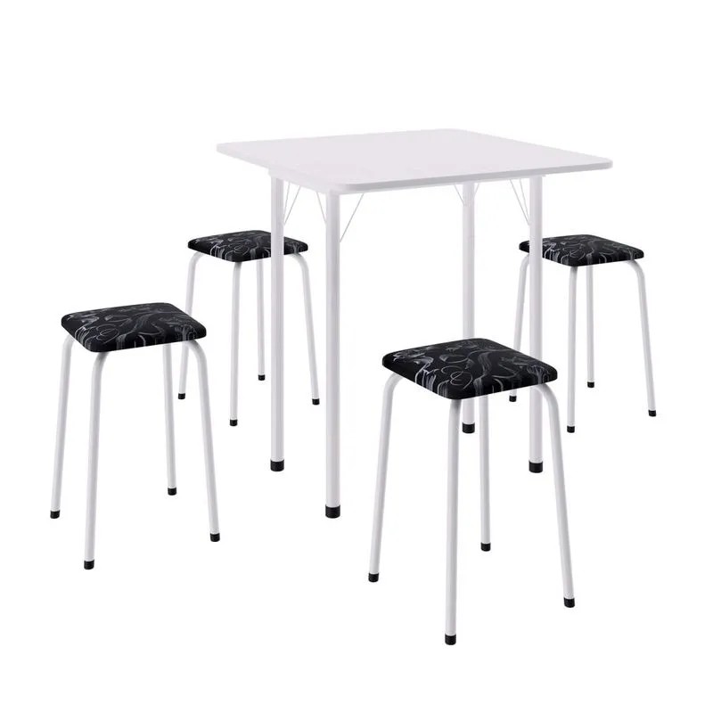 Conjunto com Mesa Dobrável e 4 Banquetas Primicia Móveis Tubulares Branco/Preto