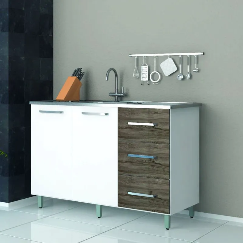 Balcão de Cozinha 2 Portas 3 Gavetas Darmovel Branco/Castanho