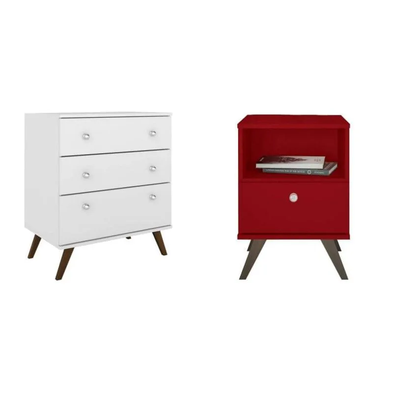 Conjunto Cômoda 3 Gavetas e Mesa de Cabeceira 1 Gaveta MadeiraMadeira 405030 Vermelho/Branco