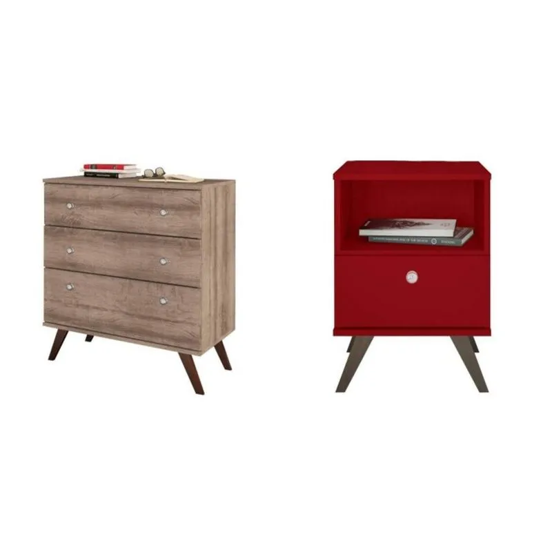 Conjunto Mesa de Cabeceira e Cômoda 3 Gavetas MadeiraMadeira 405031 Vermelho/Marrom