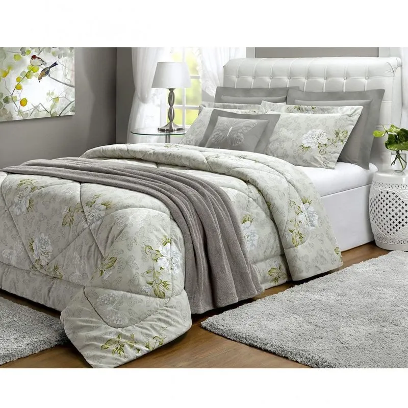 Kit Edredom Queen 5 Peças Lirio Percal Floral Cinza