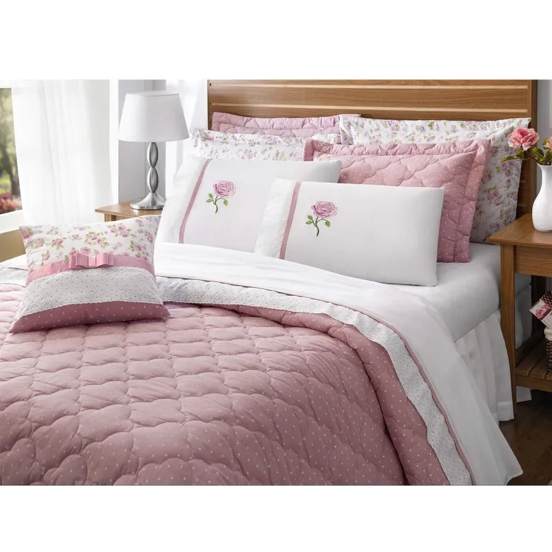 Kit Cobre Leito Queen 5 Peças Bella 180 Fios Poá Rose
