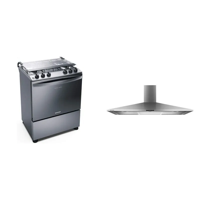 Conjunto de Fogão 5 Bocas e Coifa de Parede Brastemp 127V Inox