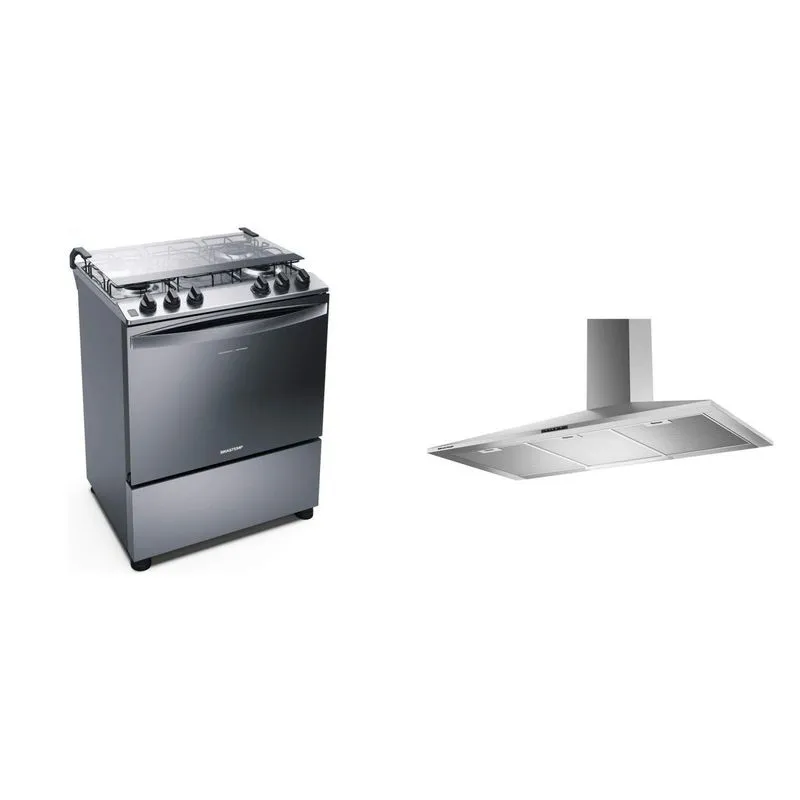 Conjunto de Fogão 5 Bocas e Coifa de Parede Brastemp 220V Inox