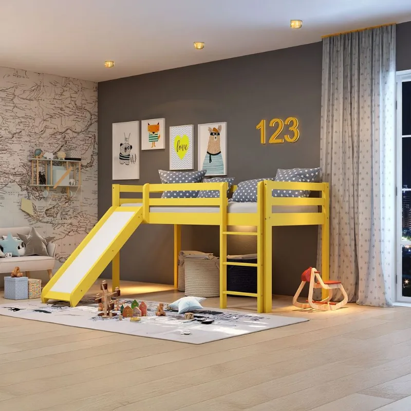 Cama Alta Infantil com Escorregador em Madeira Maciça/MDF Amarelo Amarelo