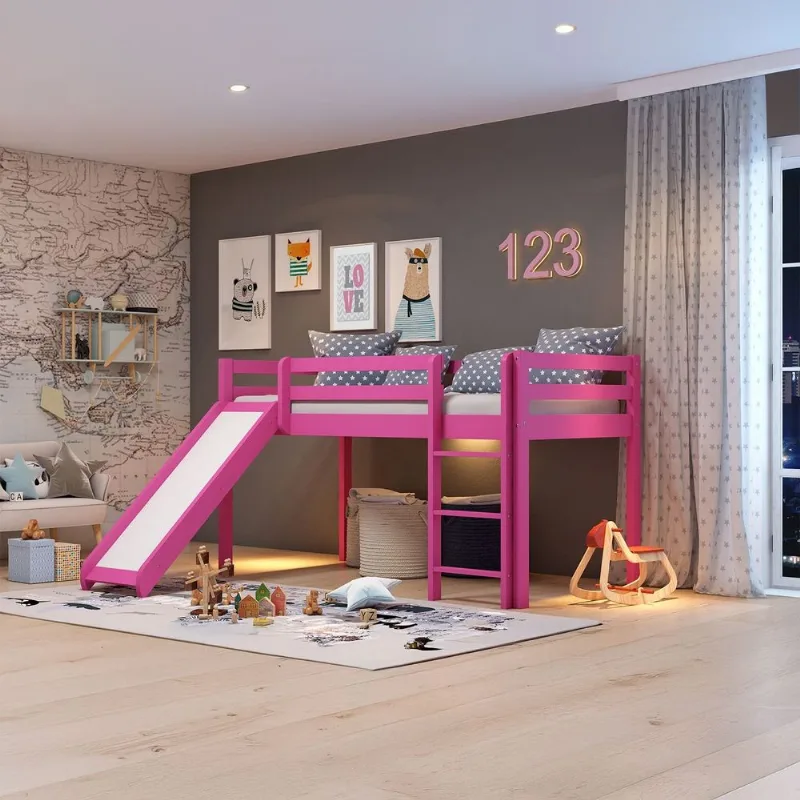 Cama Alta Infantil com Escorregador em Madeira Maciça/MDF Rosa Rosa