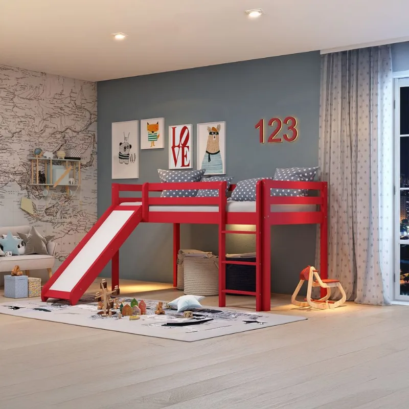 Cama Alta Infantil com Escorregador em Madeira Maciça/MDF Vermelho Vermelho