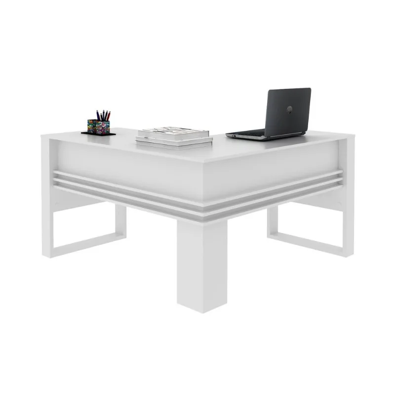 Escrivaninha Mesa Escritório em L com Detalhe Ripado ME4145 136cm Branca Branca