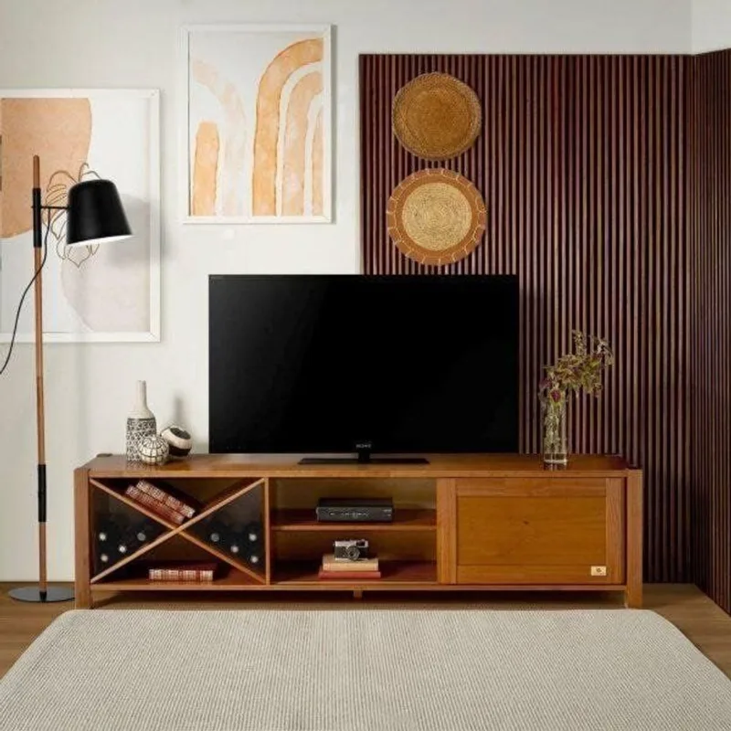 Rack para TV até 65 Polegadas Madeira Maciça 190cm 1 Porta com Adega Primavera CabeCasa MadeiraOri Marrom