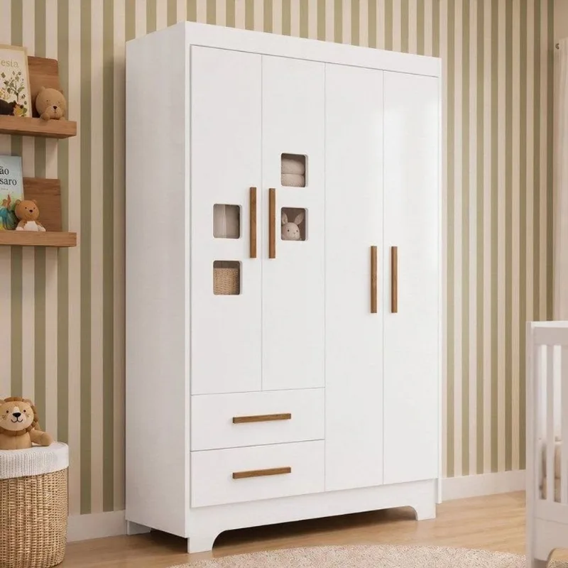 Guarda Roupa de Bebê 100% MDF 4 Portas 2 Gavetas Fly Branco Branco