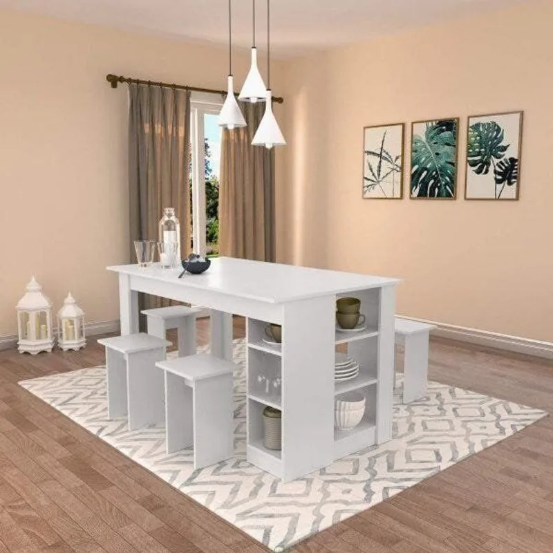 Conjunto Mesa com Nichos e 4 Bancos Branco Branco