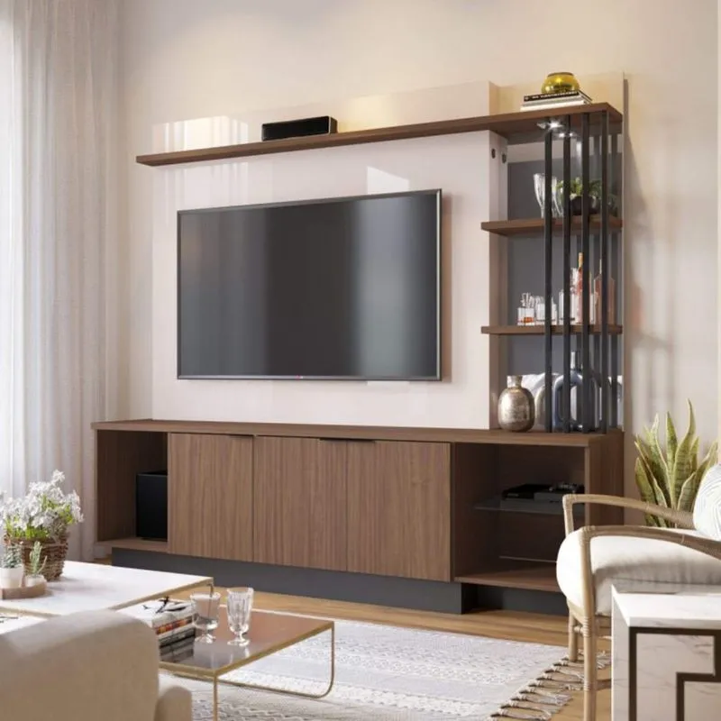 Estante Home Para TV até 65 Polegadas Maresias Colibri Móveis Nogueira Real/Off White/Preto Fosco