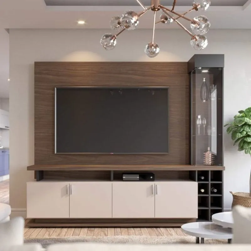 Estante Home Cristaleira para TV até 75 Polegadas com Adega Vivace Colibri Móveis Nogueira Real/Preto Fosco/Off White