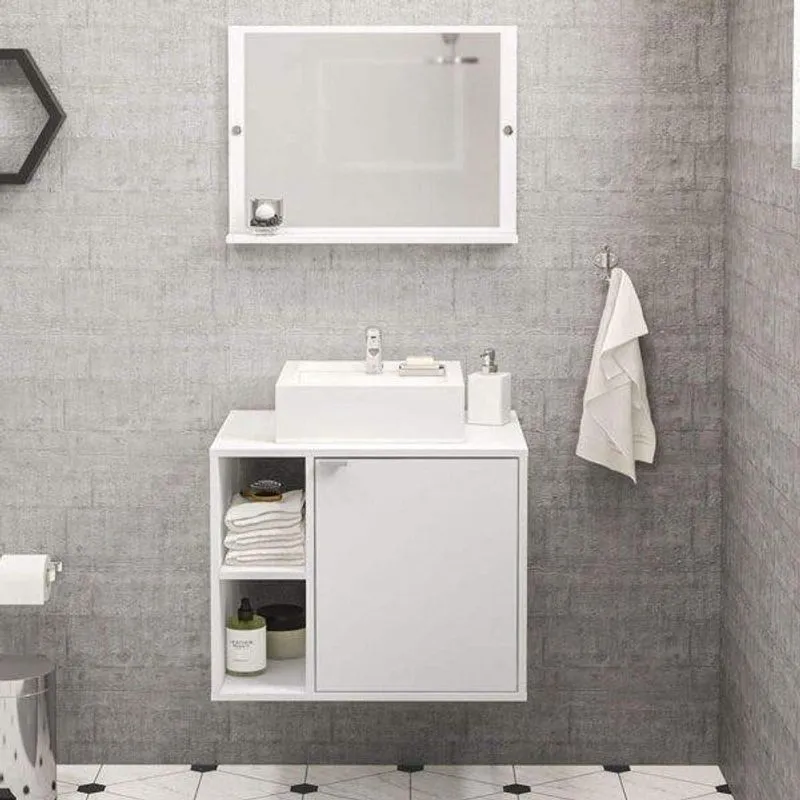 Balcão Com Espelho Para Banheiro 1 Porta E 2 Nichos Suzano Politorno Branco