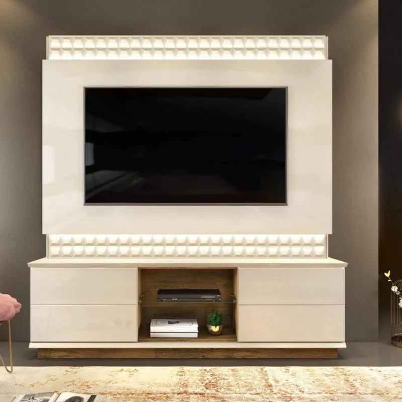 Estante Home para TV até 65 Polegadas com LED 2 Portas Pollu DJ Móveis Creme/Tronco Ripado
