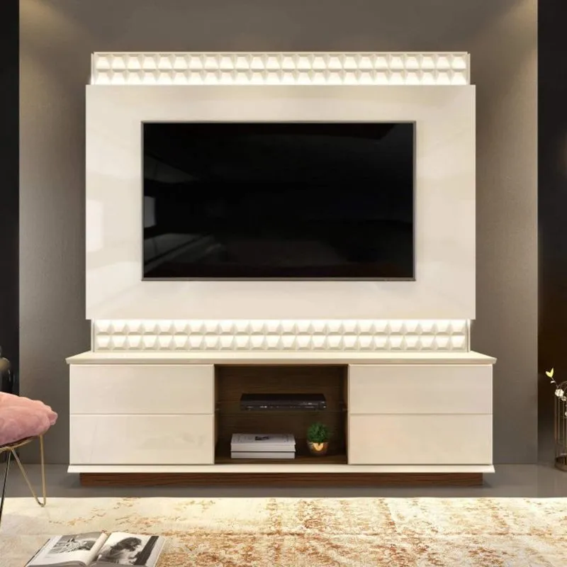 Estante Home para TV até 65 Polegadas com LED 2 Portas Pollu DJ Móveis Creme/Castanne