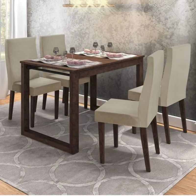 Conjunto Sala de Jantar com Mesa Flórida e 4 Cadeiras Cannes Espresso Móveis Castanho Rústico/Bege