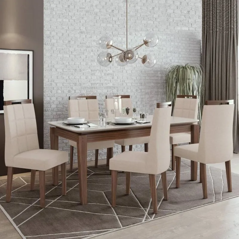 Conjunto Sala de Jantar Mesa Tampo de Vidro Aries 6 Cadeiras Nevada Móveis Lopas Imbuia Naturale/Off White/Linho Rinzai Bege