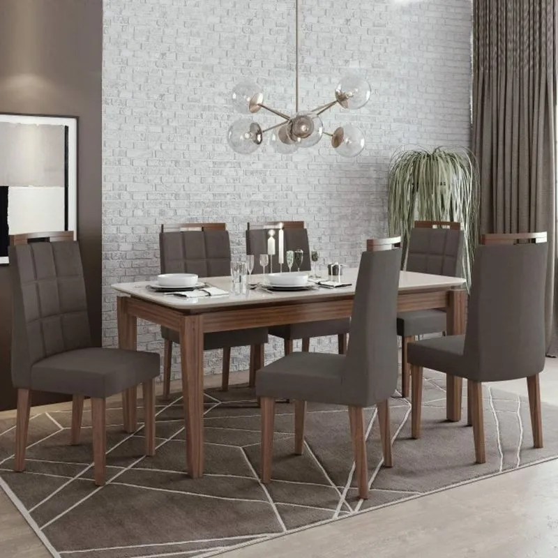 Conjunto Sala de Jantar Mesa Tampo de Vidro Aries 6 Cadeiras Nevada Móveis Lopas Imbuia Naturale/Off White/Velvet Light Marron