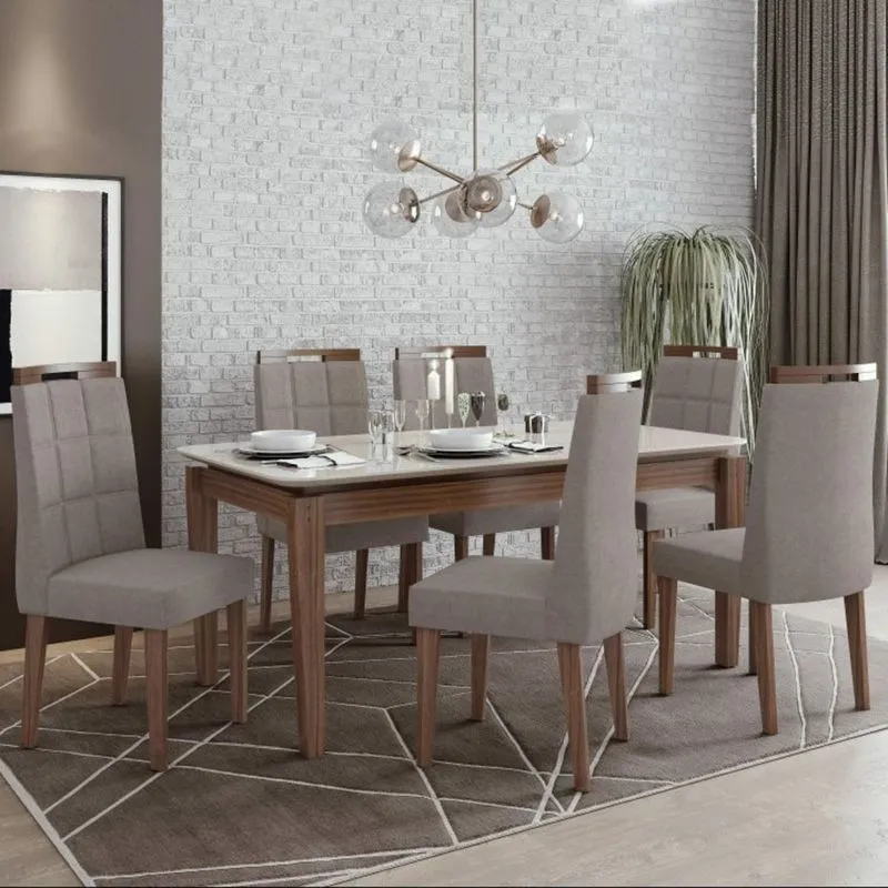 Conjunto Sala de Jantar Mesa Tampo de Vidro Aries 6 Cadeiras Nevada Móveis Lopas Imbuia Naturale/Off White/Velvet Soft Riscado