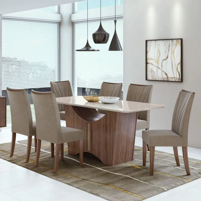 Conjunto Sala de Jantar Mesa Tampo de Vidro Rock 6 Cadeiras Apogeu Móveis Lopas Imbuia Naturale/Off White/Suede Animale Bege
