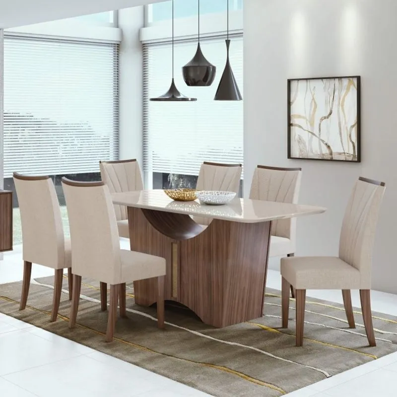 Conjunto Sala de Jantar Mesa Tampo de Vidro Rock 6 Cadeiras Apogeu Móveis Lopas Imbuia Naturale/Off White/Linho Rinzai Bege
