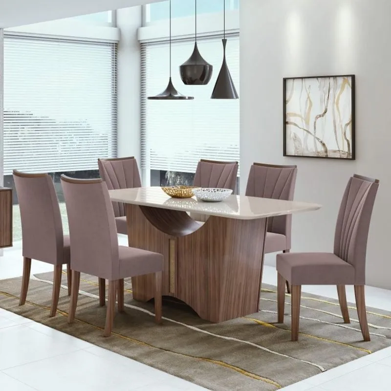 Conjunto Sala de Jantar Mesa Tampo de Vidro Rock 6 Cadeiras Apogeu Móveis Lopas Imbuia Naturale/Off White/Velvet Rosê